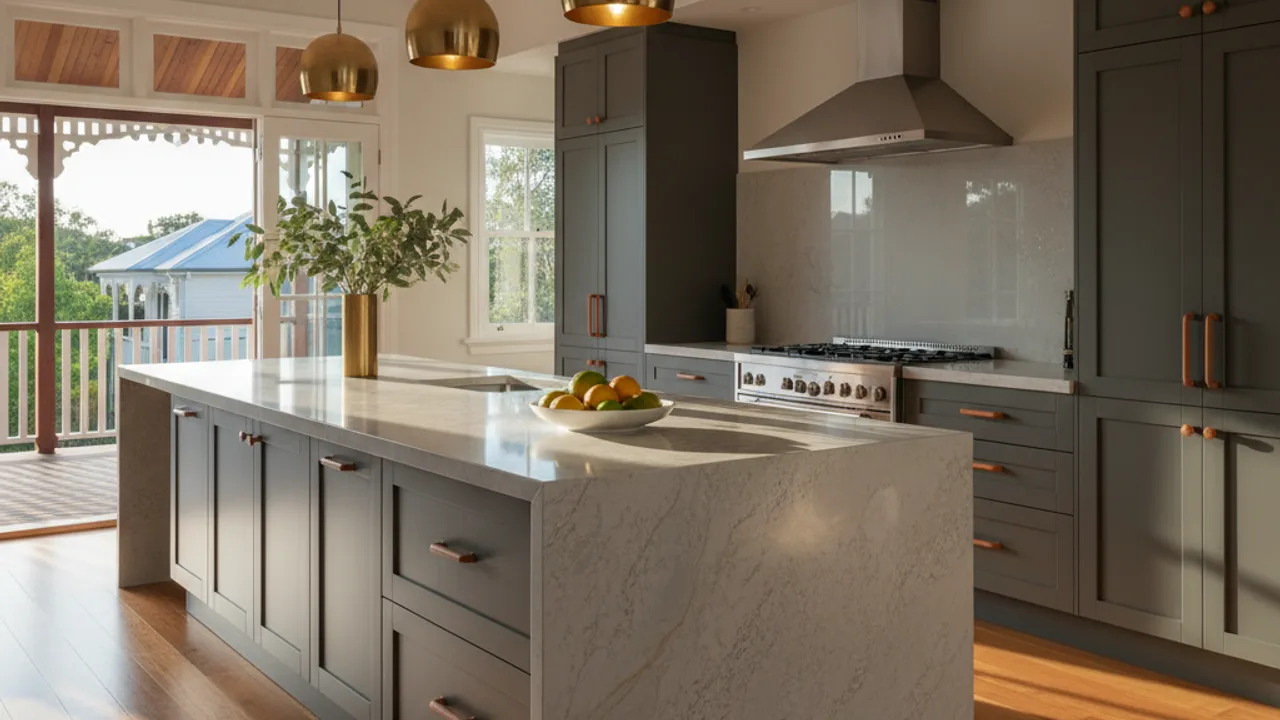 Finished North Brisbane kitchen with stone island bench, custom cabinetry and pendant lighting