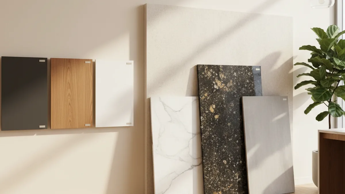 Stone benchtop slab installed on cabinetry showing 20mm reveal and waterfall edge detail