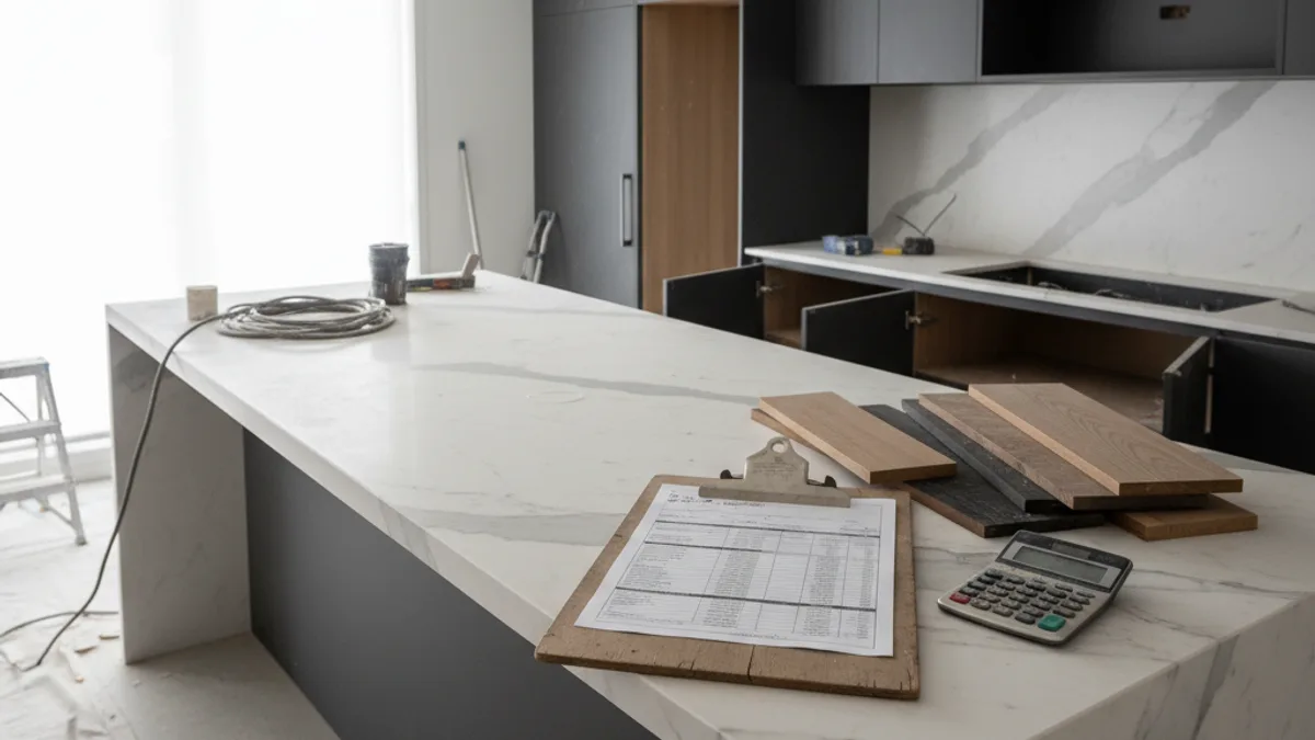 North Brisbane kitchen renovation cost breakdown sheet on a stone island bench