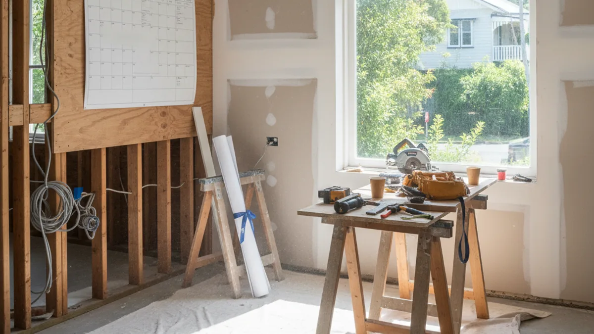 Brisbane kitchen renovation work site with build schedule on the wall and trade tools