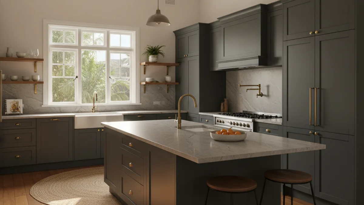Heritage Queenslander kitchen with timber boards, high ceilings and shaker cabinetry