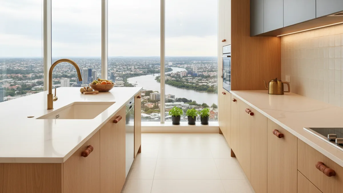 Strata-approved apartment kitchen renovation in a Brisbane high-rise with island and city view
