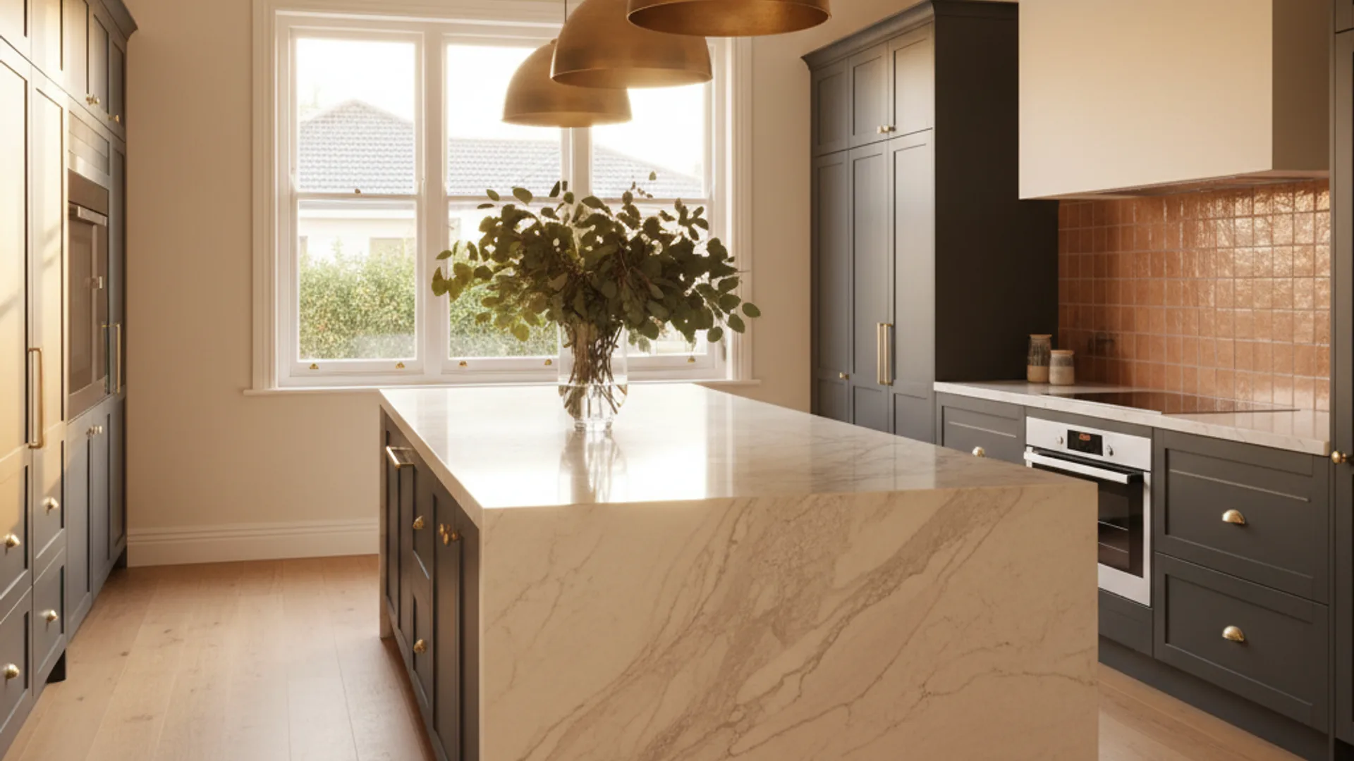 Renovated North Brisbane Queenslander kitchen with stone island and warm clay-toned splashback