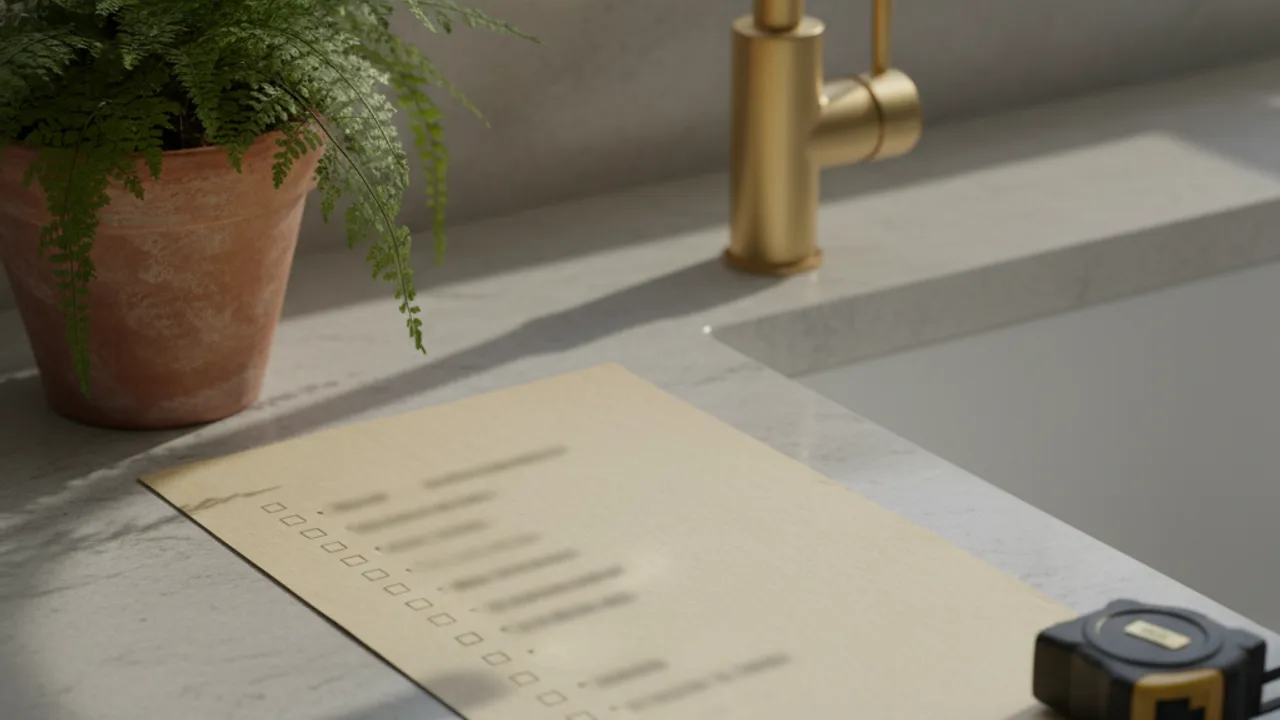 North Brisbane kitchen renovation checklist on cream paper next to a brass tap fitting